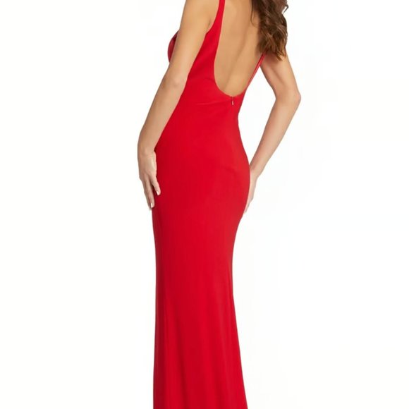 Ieena for Mac Duggal Red Sleeveless Side Knot Jersey Gown Thigh High Slit Dress - Picture 2 of 5